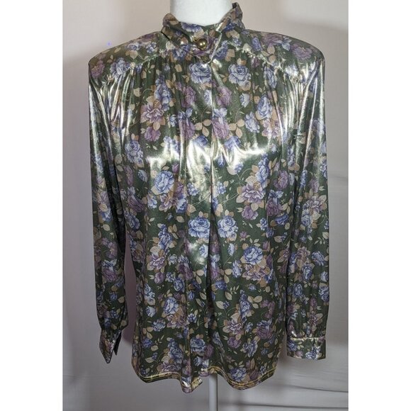Shara Vintage Metallic Floral Slick Feel Button Up Blouse With Shoulder Pads - Picture 8 of 12